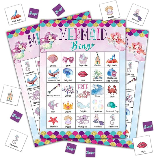 Mermaid Bingo Game, Mermaid Games Bingo Cards for Adults Kids, School Games, Birthday Bingo, Ocean Party Favors Supplies Decorations, 24 Players Bingo Game (B10), Pink