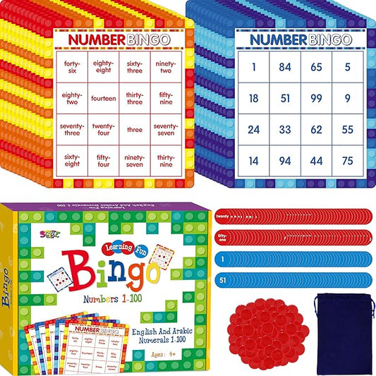 SpriteGru Number Bingo Game, 1-100 Board Game Learn & Count to Read 2 Versions Recognition Game for Kids 5-12, Perfect for Classroom & at Home