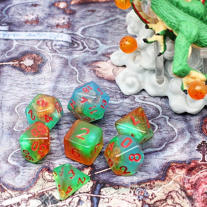 DND Dice Set with Dragon Totem Metal Gife Case, Dungeons and Dragons Dice Set,Polyhedral Dice Set Filled with Shiny Glitters,Role Playing Games and Tabletop Games (Green&Sky Luminous)
