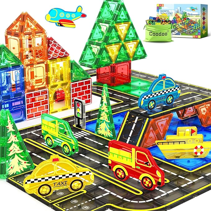 Magnetic Tiles City Road with Cars Kids Toys for Ages 5-7 3-5 4-8, STEM Magnetic Blocks Building Toddler Toys, Creative Gifts Sensory Toy for 3+ Year Old Boys and Girls