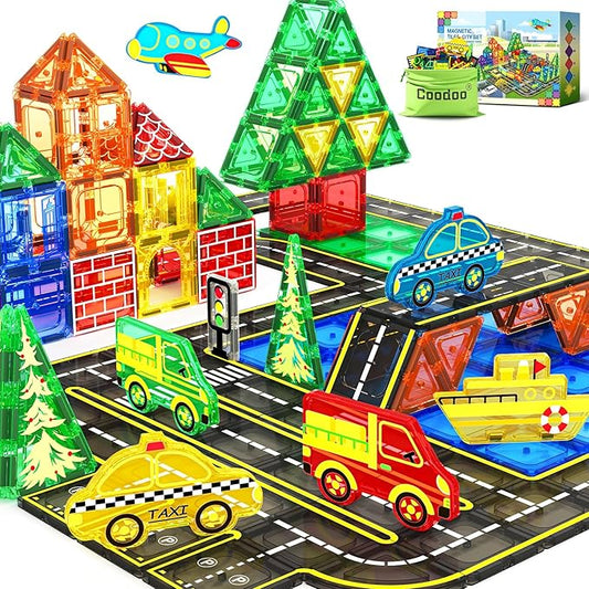 Magnetic Tiles City Road with Cars Kids Toys for Ages 5-7 3-5 4-8, STEM Magnetic Blocks Building Toddler Toys, Creative Gifts Sensory Toy for 3+ Year Old Boys and Girls