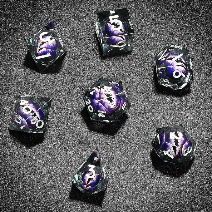 Dragon Eye Liquid Core Resin Dice Set 7 PCS Sharp Edges Handmade Craft with Gift Box Perfect for Dungeons and Dragons DND (Black-Purple)