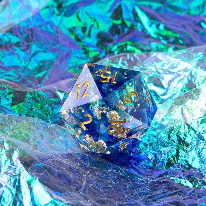 YEMEKO Single D20 Dice - 22mm, 20 Sided D&D Dice for Dungeons and Dragons, DND Dice with Resin Sharp Edge, Handmade Polyhedral for RPG, Roleplaying Games MTG Table Games(Dark Blue Gold)