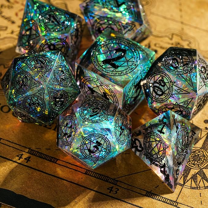 Cusdie 7-Die Sharp Edges DND Dice Set, Magic Circle Pattern Polyhedral D&D Dice Set for DND Dungeons and Dragons TTRPG Role Playing Games