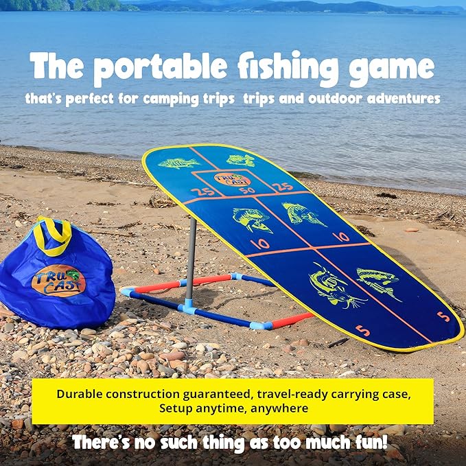 TruCast Outdoor Fishing Game, Portable Kids Fishing Game with Velcro Lures and Foldable Flat-Pack Target Board, Compact Kids Fishing Rod Travel Set, 17"x53"x29"
