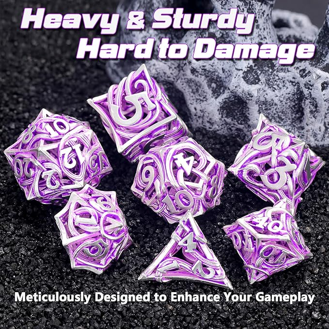 Metal DND Dice Set of 7 for Dungeons and Dragons Hollow Polyhedral Metal Vine Dice Set D&D with Case Role Playing D and D RPG Dice for Tabletop Games Ttrpg (Vine White Purple)