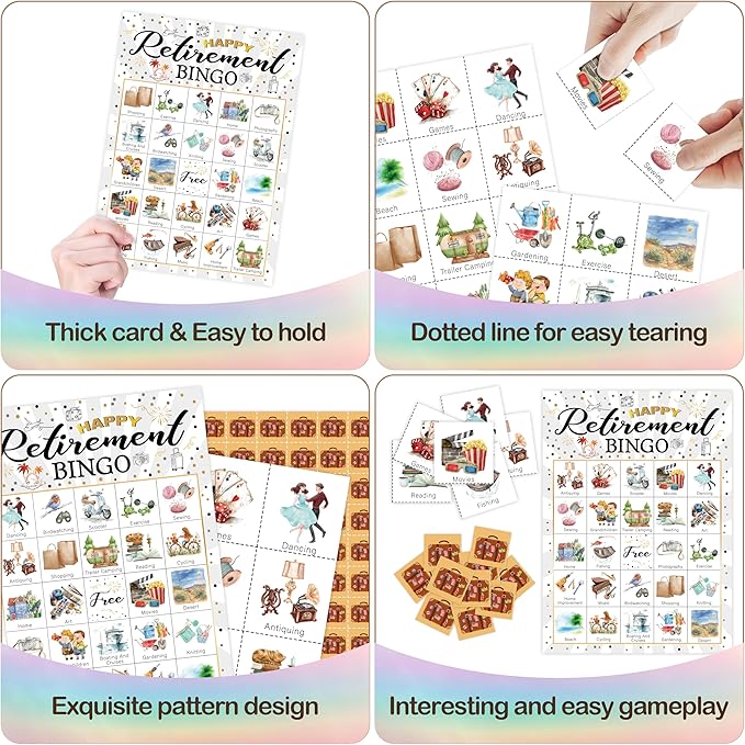 Retirement Party Bingo Card, Happy Retirement Party Bingo Game For Adults Friends Colleagues, Farewell Party Bingo Set, Black Gold Retirement Party Decorations, Office Games For 24 Players -03