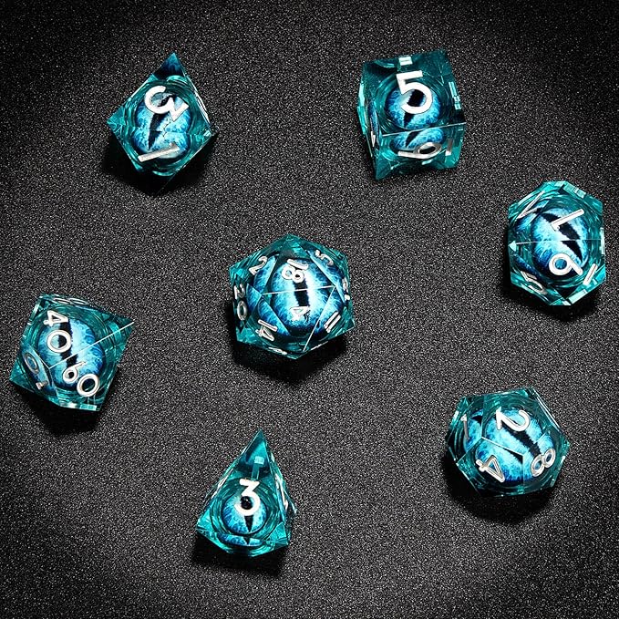 Handmade Resin Dungeons and Dragons Dice Set Dragon Eye Liquid Core Sharp Edges 7 PCS with Gift Box for TTRPG for D&D Fans (Blue-White)
