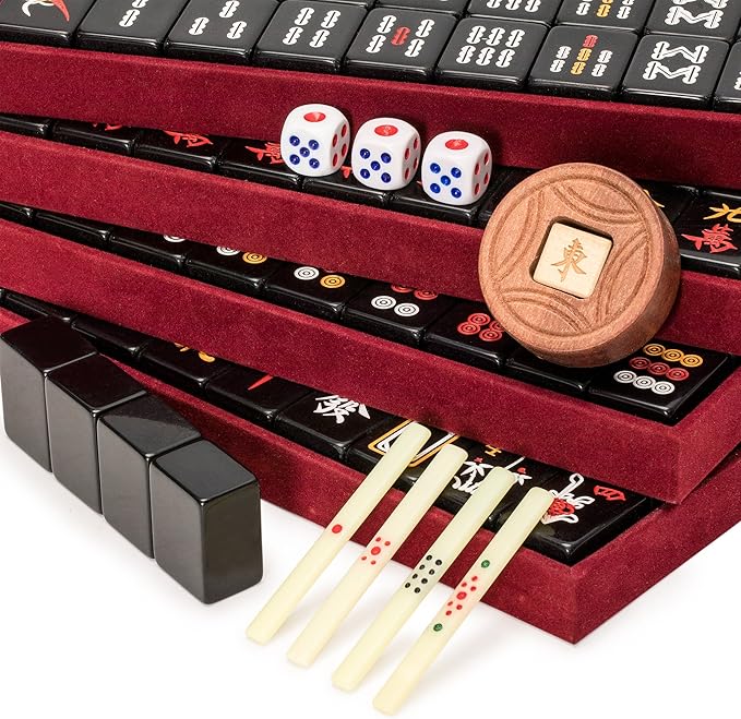 Yellow Mountain Imports Chinese Mahjong Game Set, Jet Set - with 148 Small-Size Black Tiles and Wooden Case, Wooden Spinner, Dice, and Scoring Sticks (for Chinese Style Game Play)