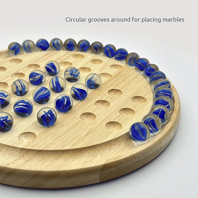 Marble Solitaire Board Game Set - Wooden Round Board with Glass Marbles for Family Game Night, Strategy Puzzle Toys for Adults Kids, Classic Peg Solitaire Game by WOWME