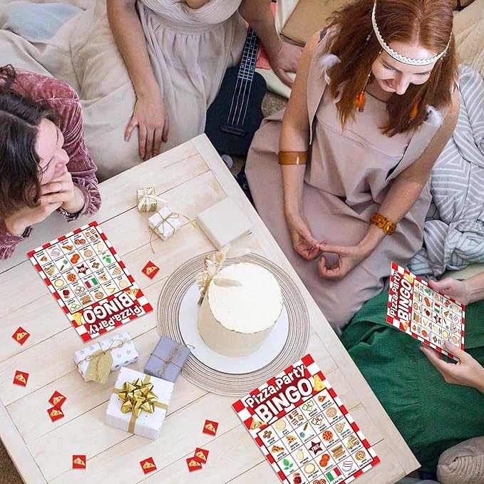 Pizza Games Bingo Cards, Gourmet Food Theme Bingo Game, Pizza Baby Shower Game for Family Friends Large Multiplayer Group Activities, Pizza Party Birthday Favors Gifts -02