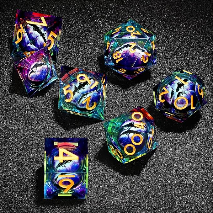 Handmade Resin Dragon Eye DND Dice Set Liquid Core Sharp Edges 7 Pieces with Gift Box for RPG Roleplaying Unique Craftsmanship (Purple-Gold)