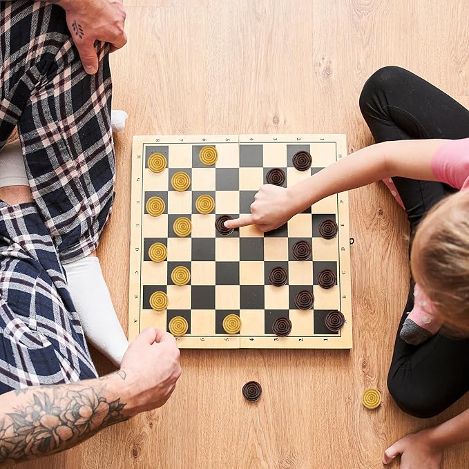 Classic Stackable Wooden Checkers in Natural Wood Color (24 Pieces); with Drawstring Cloth Storage Bag, 1 1/8 Inch