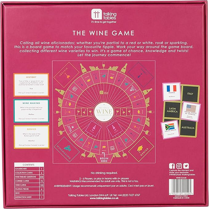 Talking Tables Wine Themed Trivia Board Game | Games Night | Adults, After Dinner Party, Table Game, General Knowledge, Wines Lover, Alcohol, Bottle, Drinking, Christmas, Birthday, Present (WINE-GAME)