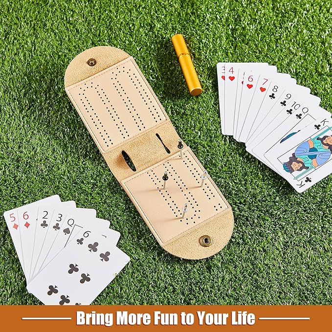 Liliful 2 Sets Travel Cribbage Board Game Sets Portable Travel Games Each Set with 4 Metal Pegs, 1 Mini Leather Cribbage Board, 2 Track 1 Storage Slot