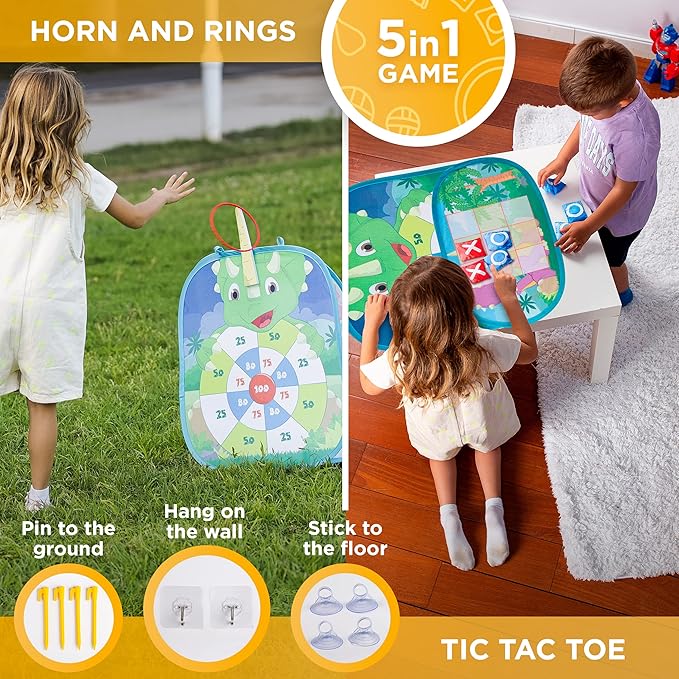 Chuchik Dinosaur/Unicorn 5in1 Animal Bean Bag Toss Game Toy Outdoor Games for Kids, Gift for 3 Year Old Boy Toys Birthday, Outside Toys for Toddlers 2-4 3-5 4-6 Cornhole Ring Yard Games for Kids