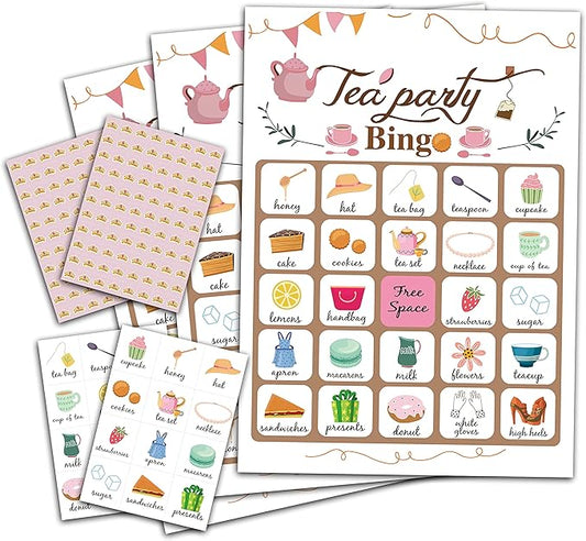 Tea Party Bingo Game, Party Games with 24 Players, Family Activities, Bingo Cards for Party Supplies, Party Favors Gifts for Young Adults - tea04
