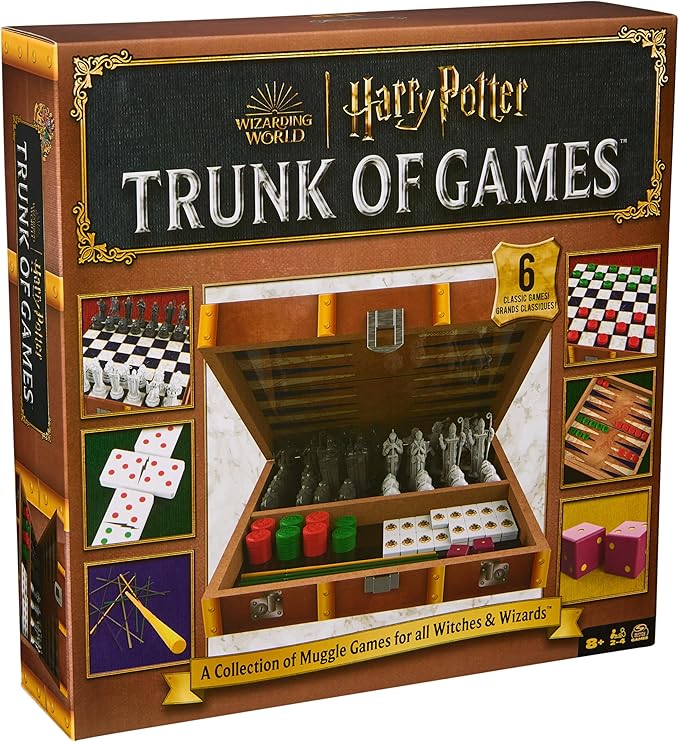 Spin Master Games, Wizarding World of Harry Potter Trunk of Games 6-in-1 Wooden Storage Box, for Muggle Fans of Harry Potter Movies, Chess Wizard, Pick-Up Wands & More, 2-4 Players, for Ages 8 & Up