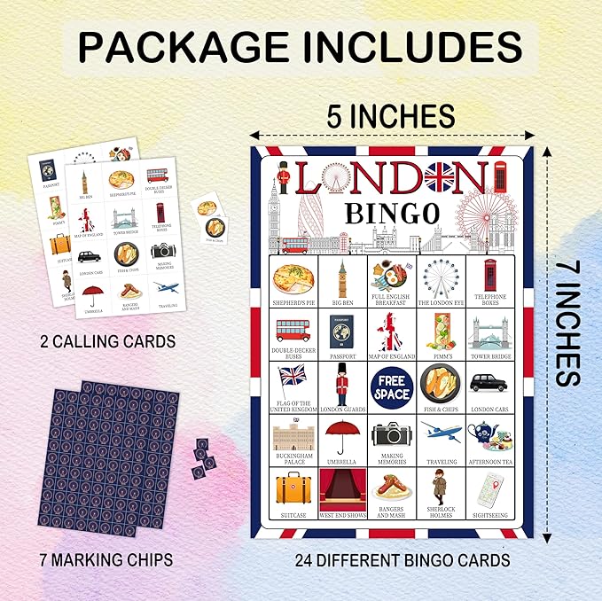 London Bingo Games, Travel Trip Bingo Cards, England Theme Party Game for Adults Family, Christmas Party Activities, 24 Bingo Sets, A003