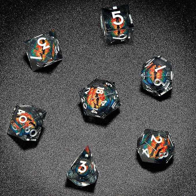 DND Resin Dice Set Dragon Eye Liquid Core 7 Pieces with Sharp Edges and Handmade Craft Gift Box Included for Dungeons and Dragons (Black- Orange)