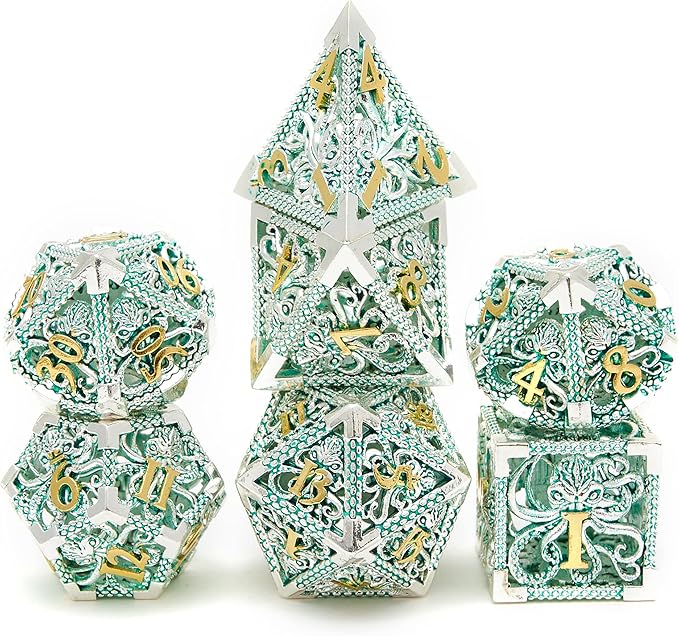 Hollow Metal DND Game Dice Green 7Pcs Set for Dungeons and Dragons RPG MTG Table Games D&D Pathfinder Shadowrun and Math Teaching