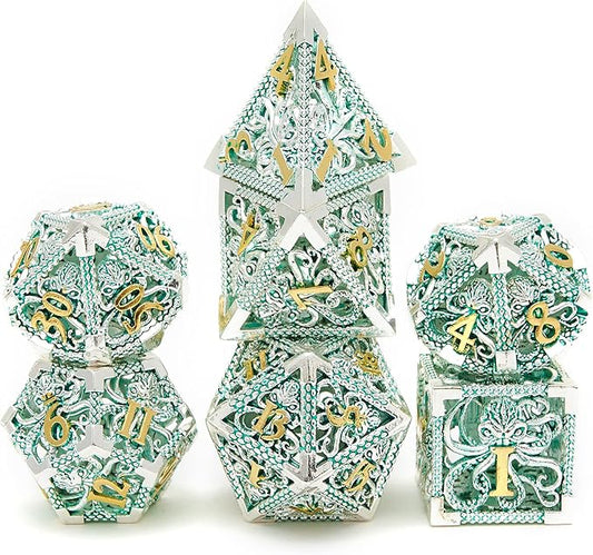 Hollow Metal DND Game Dice Green 7Pcs Set for Dungeons and Dragons RPG MTG Table Games D&D Pathfinder Shadowrun and Math Teaching