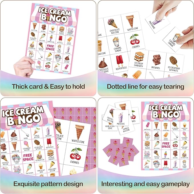 Ice Cream Bingo Card, Sweet Treats Bingo Game for Adults Family Friends, Summer Party Favors Decorations, Ice Cream Game for Birthday Party, Holiday Games for 24 Players -18
