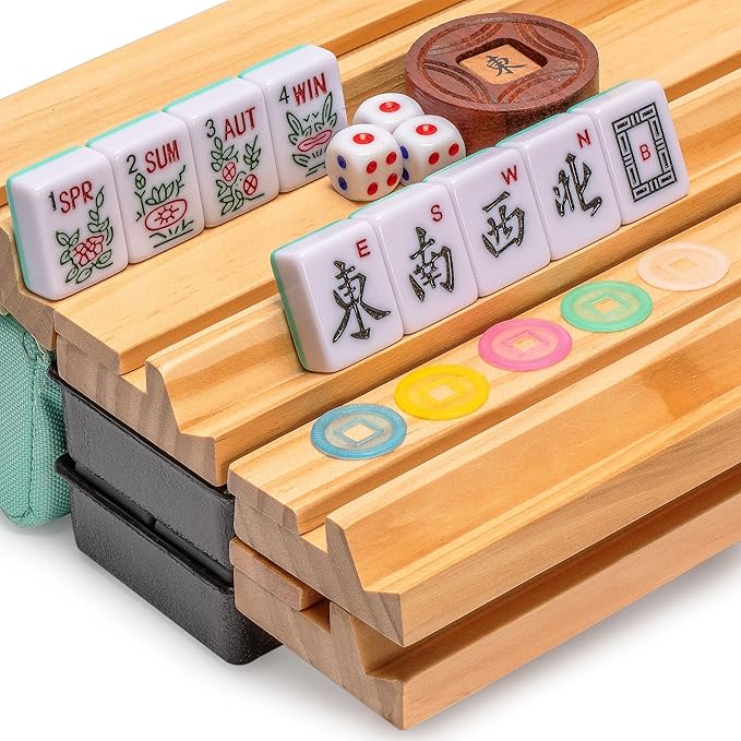 Yellow Mountain Imports American Mahjong Set, Seabreeze with Green Soft Case - 4 All-in-One Racks with Pushers, Wright Patterson Scoring Coins, Dice, & Wind Indicator