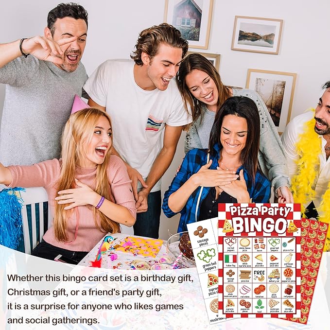 Pizza Party Bingo Card, Pizza Bingo Set for Adults Large Group Family Friends, Sleepover Party Game, Gourmet Food Bingo Kit for Birthday, Holiday Games for 24 Players -05