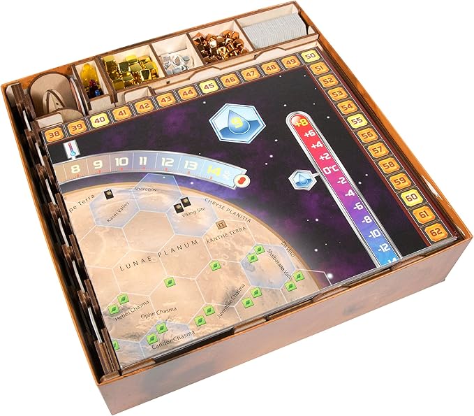 The Broken Token Terraforming Mars Compatible Base Game Organizer - Wood Storage Box with Multiple Trays & Card Shoe - Wooden Game Organizer