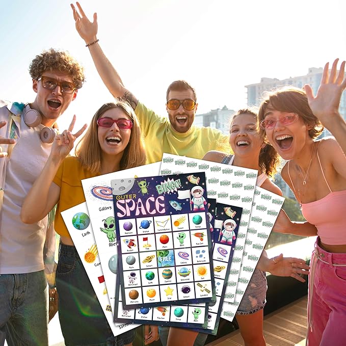Space Bingo Card Game, Outer Space Bingo Game for Family Adults, Space Birthday Party Supplies, Favors, Space Party Decorations, Gift – 24 Players Bingo Game, C04