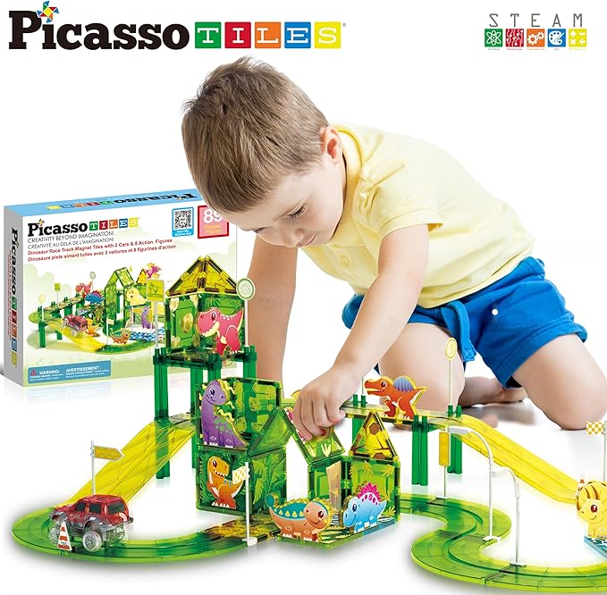 PicassoTiles Dinosaur Magnet Tile Race Car Track with 8 Magnetized Action Figures 2 Cars Accessory Street Sign Kit Magnetic Tiles Construction Building Block Pretend Play Education Toy Ages 3+ PTR02