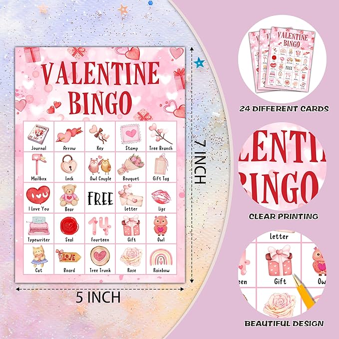 Valentine Bingo Cards, Valentine's Day Bingo Games for 24 Players, Valentine Games for Family Friends Large Group Activities, Valentine Party Favors Supplies Decorations(18)