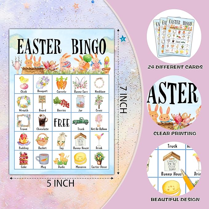 Easter Bingo Cards, Easter Bingo Games for 24 Players, Easter Games for Family Friends Large Group Activities, Easter Party Favors Supplies Decorations(19)