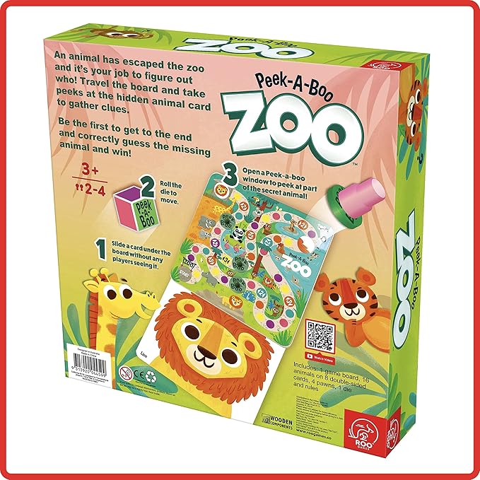 ROO GAMES Peek-A-Boo Zoo - Be The First to Discover The Missing Animal - for Ages 3+ - A Guessing Board Game for Toddlers and Families