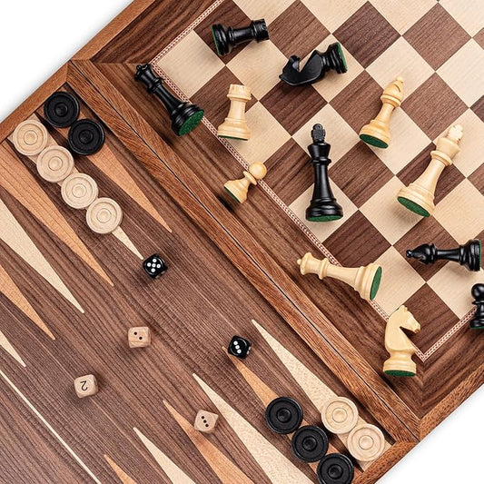 A&A 16.5 inch Deluxe 3 in 1 Wooden Backgammon Set-Chess Set with Checkers/ 3.0 inch King Height Staunton Chess Pieces