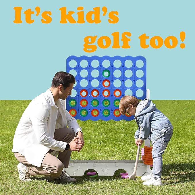 SDADI Height Adjustable Giant 4-in-a-Row Game, 2-in-1 Jumbo 4-to-Score with Golf Set, Indoor/Outdoor Fun for Kids, Adults, and Family, White
