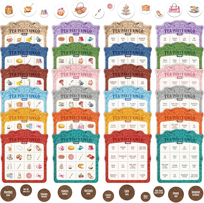 Tea Party Bingo Game, 12PCS Bilingual English and Spanish Bingo Board Game, 12 Players Bingo Game Set for Teenager, Adults, Families or Friends Activities, Fun Interesting Activity Party Supplies