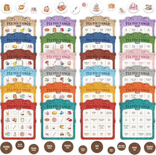 Tea Party Bingo Game, 12PCS Bilingual English and Spanish Bingo Board Game, 12 Players Bingo Game Set for Teenager, Adults, Families or Friends Activities, Fun Interesting Activity Party Supplies