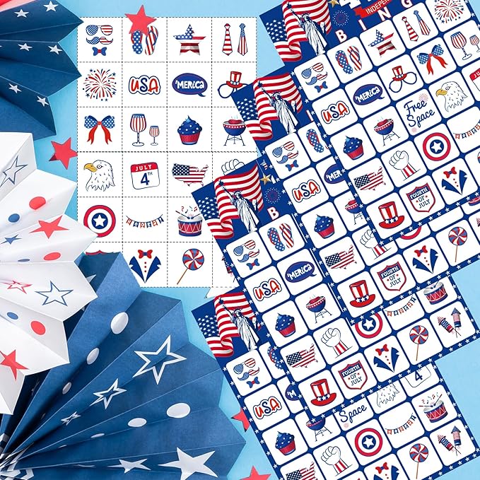 4th of July Games for Kids 4th of July Bingo Cards Red White and Blue Bingo with 24 PCS 4th of July Players Cards Patriotic Games for Adults Children Activities Supplies Favors Decorations