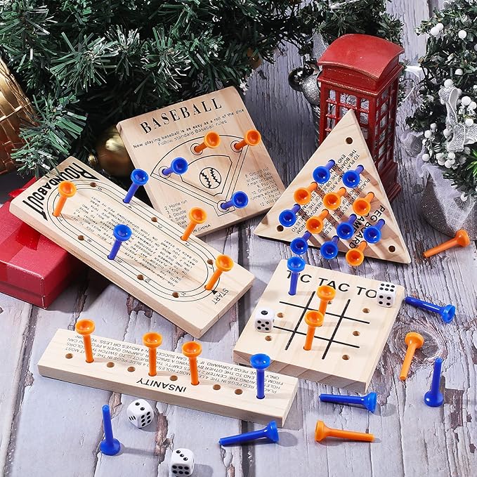 SUPERFINDINGS Wooden Peg Games Assortment Kit Wooden Board Game Set Including 5 Style Wooden Game Board and Plastic Pieces and Dice Puzzle Brain Games Set
