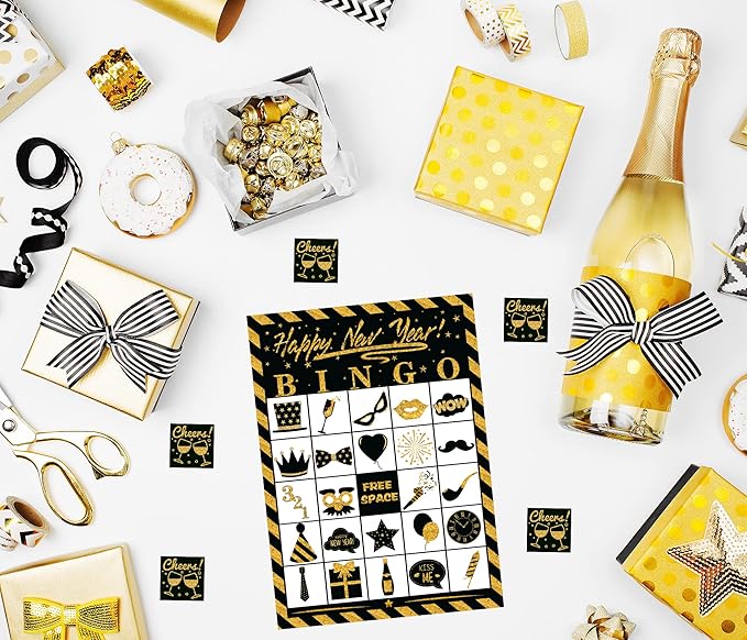 Joy Bang New Years Bingo Cards Games for Kids Adults, 24 Players for Family Friends Large Group, New Years Crafts Activities Party Supplies Favors Gifts for Children