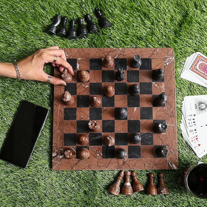 15 Inch Luxury Chess Set Classic Chess Boards for Adults with Handcrafted Stone Board & Marble Chess Pieces Ideal for Home Decor (Marina & Black)