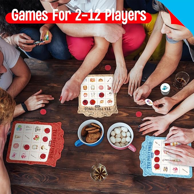 Tea Party Bingo Game, 12PCS Bilingual English and Spanish Bingo Board Game, 12 Players Bingo Game Set for Teenager, Adults, Families or Friends Activities, Fun Interesting Activity Party Supplies