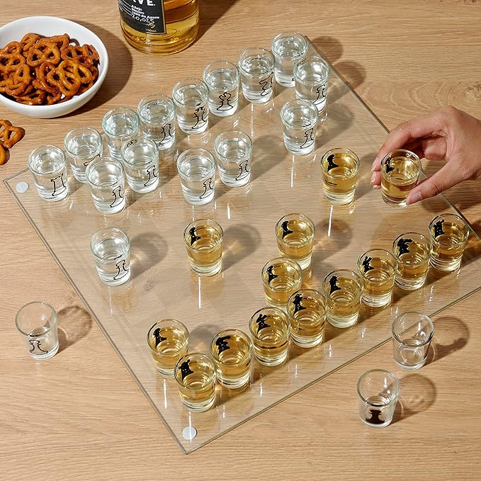 True Shot Glass Chess Game, Chess Board with Shot Glass Chess Pieces, Clear Glass and Frosted Glass, Chess Drinking Game