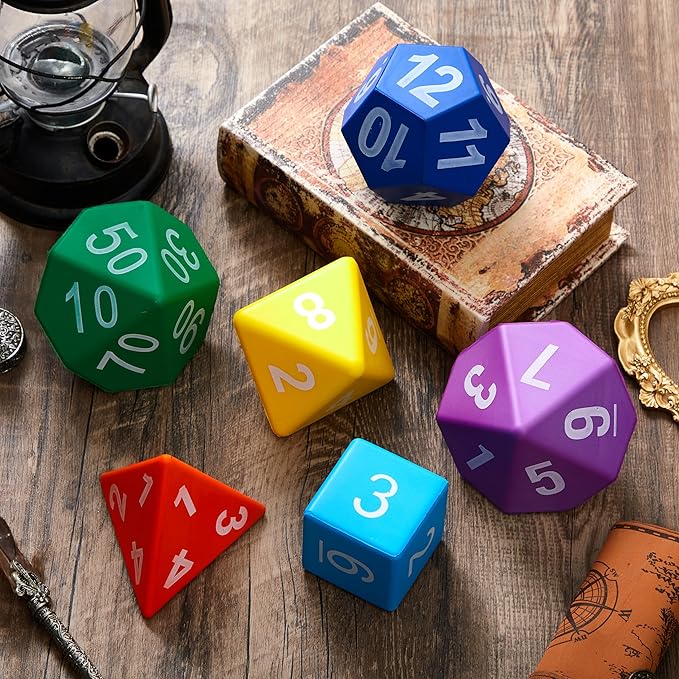 6 Pcs Jumbo Polyhedra Dice 3.94 Inch Jumbo Foam Polyhedral Dice 6 Set 4, 6, 8, 10, 12 Sides Gifts for Games Teach Numbers Addition Subtraction Probability Learning, Multicolor