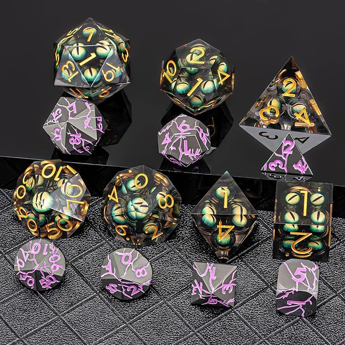 Dungeons and Dragons Dice DND Resin Mixed Eyeball Dice Set 22-32mm Large Sharp Edged Dice Set with Box, Polyhedral D&D Role Playing Game D&D Dice Set D20 D12 D10 D8 D6 D4 (Green Eyes+Gold Ink)