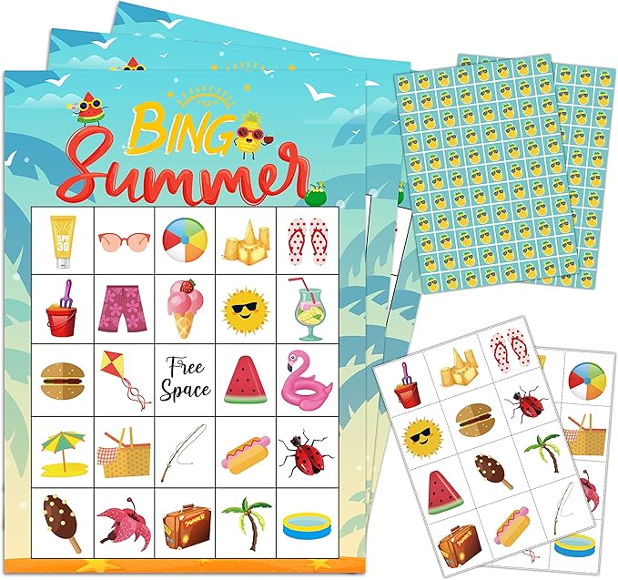 5"x7" Summer Beach Bingo Cards (24 Kinds), Summer Party Favors for teens Birthday, Road Trip Activities, Travel Bingo, Outdoor Or At Home Party Activity -006summer