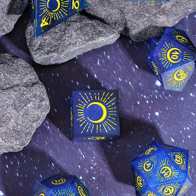 Cusdie Sharp Edges DND Dice, 7 PCs Moon Dice Set D&D Dice, Handcrafted Polyhedral Dice Set, for Role Playing Game Pathfinder(Moon/Blue Black)