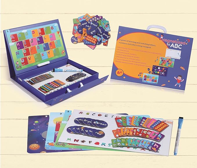 Educational Game for Learning ABC Letters, Numbers & Colors - Magnetic Matching Boards & Erasable Writing Board for Ages 4+